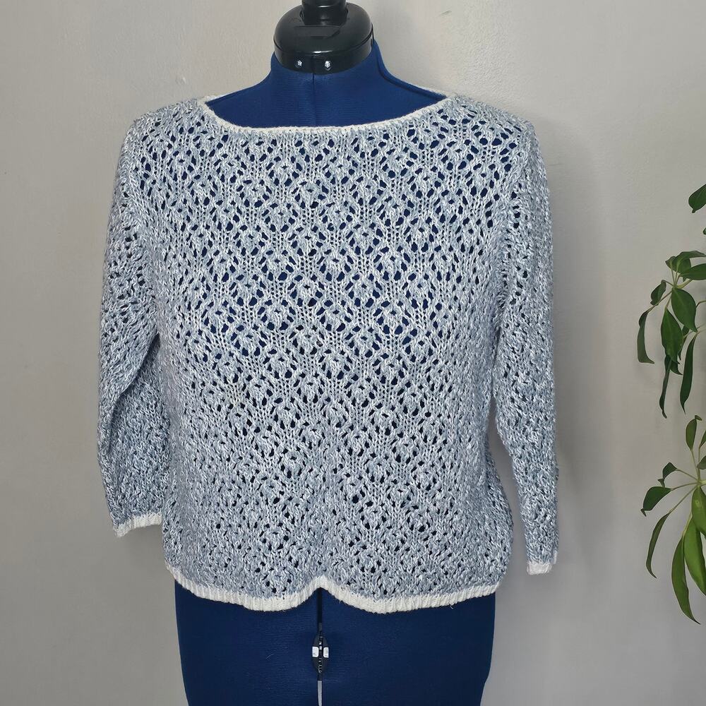 Vintage Norton McNaughton Blue White Open Knit Ramie Cotton Sweater L 3/4 Sleeve